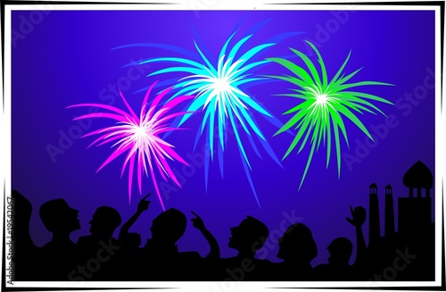 Illustration: fire works and people celebration to the party fire works and people celebration to the party