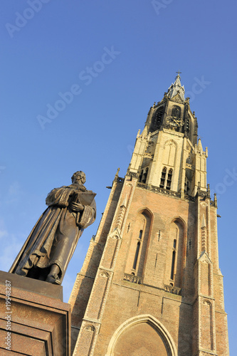 Photo: Market in Delft with old statue of Hugo de Groot Market in Delft with old statue of Hugo de Groot