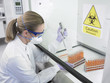 Scientist filling test tubes under biohazard sign