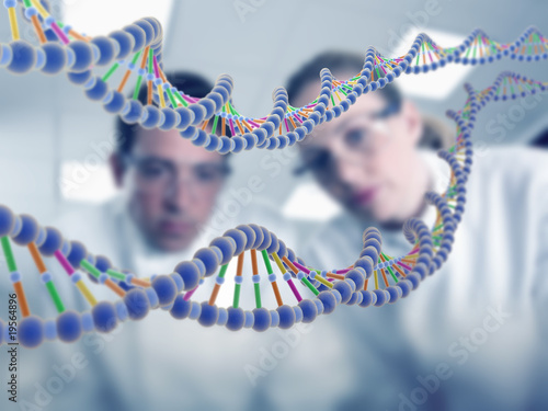 Photo: Scientists looking at DNA model Scientists looking at DNA model