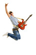 Passionate guitarist jumps isolated on white Passionate guitarist jumps isolated on white