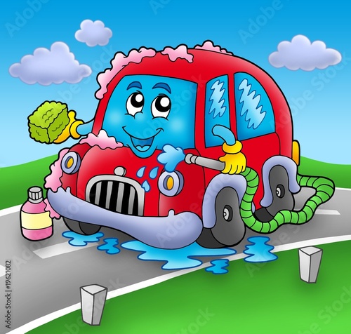 cartoon car washing. Cartoon car wash on road