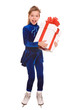 Child girl sport figure skating in white skate with gift box.