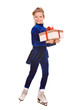 Girl in blue dress on skates with gift box. Isolated.