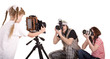 Happy family with three digital camera. Isolated. Happy family with three digital camera. Isolated.