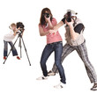 Happy family with three digital camera. Isolated. Happy family with three digital camera. Isolated.