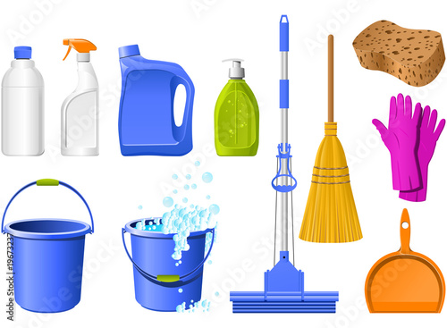 Illustration: Domestic Tools for cleaning on the white Domestic Tools for cleaning on the white