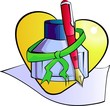 Illustration of paper with ink pot and pen with ribbon