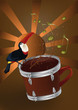 cup of the African coffee with a drum and a bird