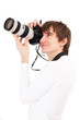 Photographer in white holding phone camera