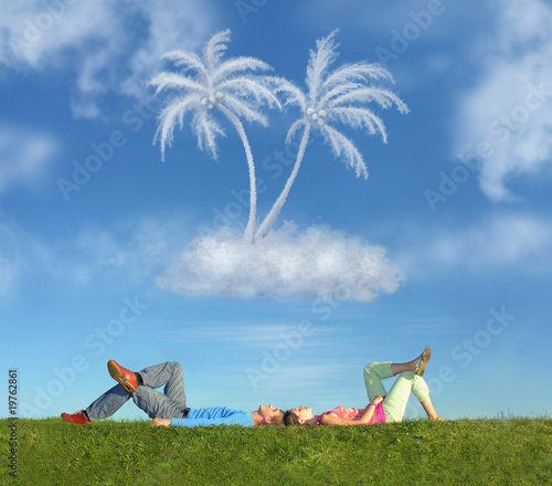 Photo: lying couple on grass and dream island collage lying couple on grass and dream island collage
