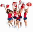 Team of cheerleaders jumping of joy on white