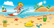 Surfing in the sea. Funny cartoon and vector illustration.