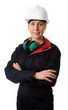Tradeswoman wearing hard hat with ear protection