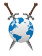 two sword and globe on white background. Isolated 3D image two sword and globe on white background. Isolated 3D image