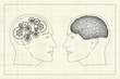 Two opposite profiles with brain and gears inside heads
