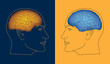 Two opposite profiles with colored brain inside heads