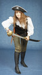 Young woman in clothes of pirate on blue background