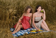 Two beautiful slavonic girls on picnic in wheat field
