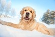 Lovely golden retriever playing in the snow