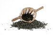 Green tea with sieve isolated on white
