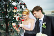 Photo: Happy bride and groom at wedding walk on Luzhkov bridge Happy bride and groom at wedding walk on Luzhkov bridge