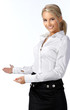 Businesswoman with her arm out in a welcoming gesture, isolated Businesswoman with her arm out in a welcoming gesture, isolated