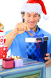 Happy Adult Caucasian Male Opening Gift
