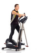 Smiling strong man working out. Isolated over white background.