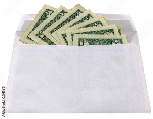 white envelope with dollars on white background isolated