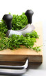 Freshly chopped parsley on wooden cutting