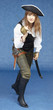 Aggressive woman in pirate costume on blue background