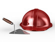 new construction trowel and red helmet isolated on white. 3D ima