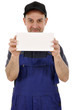 Photo: Handwerker mit Schild Handwerker mit Schild