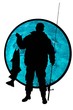 fisherman with a fish on blue water background