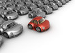 Special red car in front of many grey cars