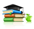 pile of school books with professor cap and apple pile of school books with professor cap and apple