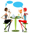 2 woman drink coffee, talking, reading fashion