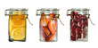 fresh fruits in bottles orange strawberry and cherry