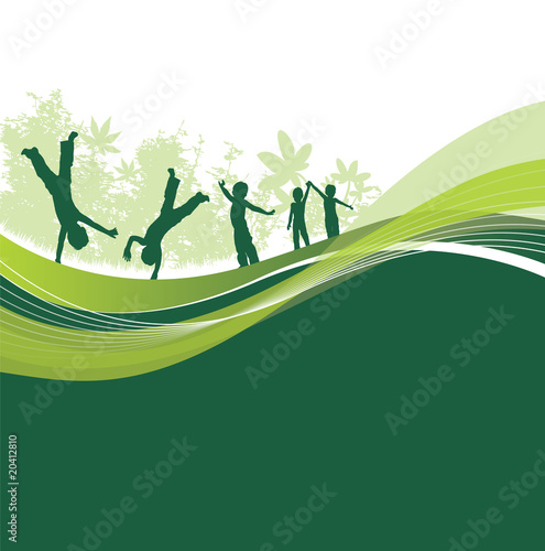 Vector: children on a woodland setting children on a woodland setting