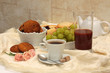 healthy breakfast: coffee, cane sugar, cherry juice, grapes and