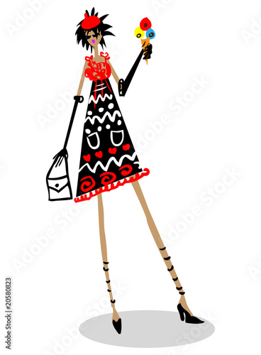 Illustration: Cartoon fashion woman with icecream in hand