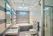 Modern bathroom in blue and gray tones with mosaic Modern bathroom in blue and gray tones with mosaic