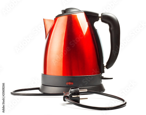 Photo: red and black electrical tea kettle isolated on white red and black electrical tea kettle isolated on white