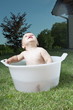 Baby boy taking bath in tub in garden