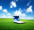 notebook on the green field