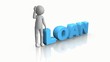 3D man sitting on the word loan against a white background