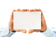 Pure white card in man's hands Pure white card in man's hands