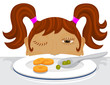 Girl deciding if she should eat her vegetables Girl deciding if she should eat her vegetables