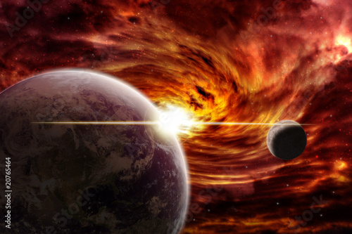 Illustration: Red nebula over the planet earth Red nebula over the planet earth